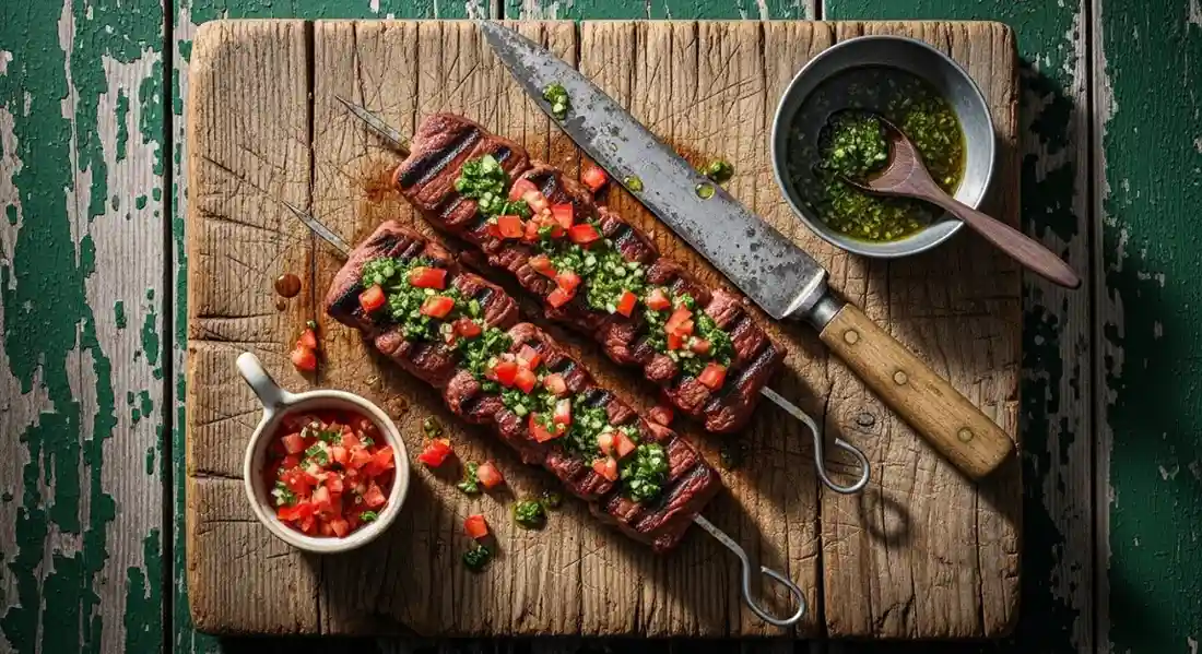 Grilled Brazilian beef skewers served with fresh tomato salsa and herb sauce